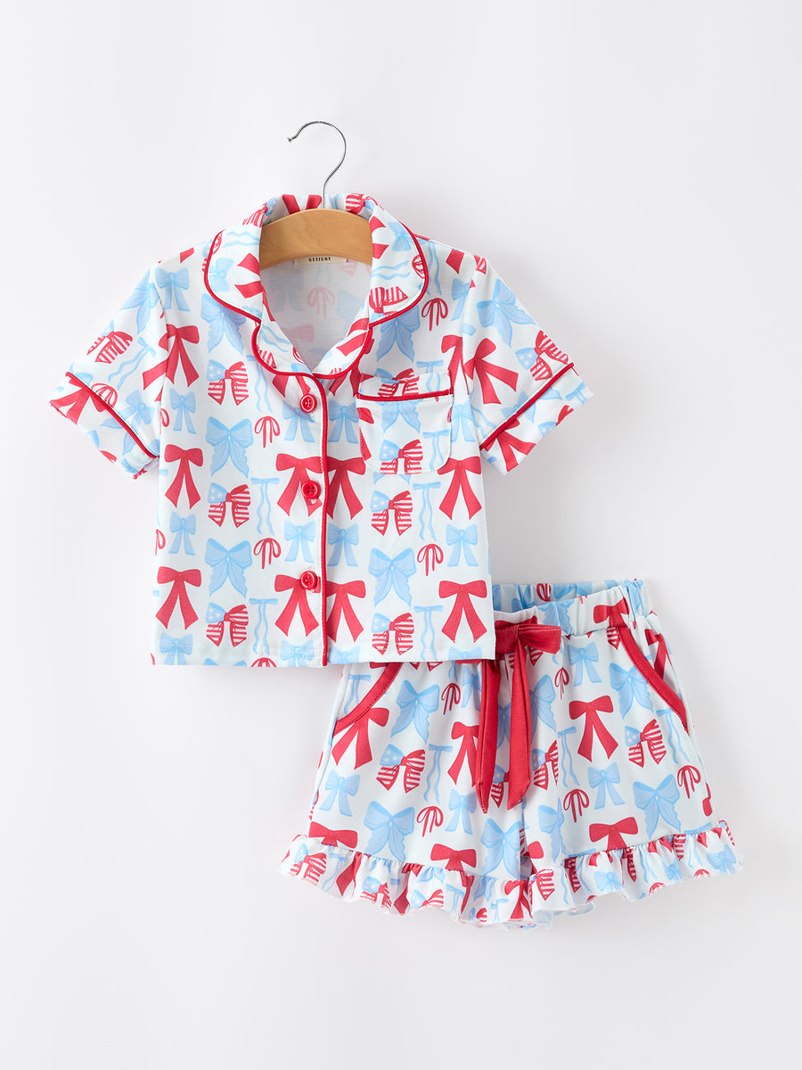 4th of July Bow Girls Pajama Set Short Sleeve Ruffle Shorts