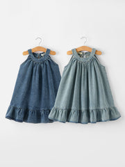 Girls Denim Ruffle Trim A-Line Dress