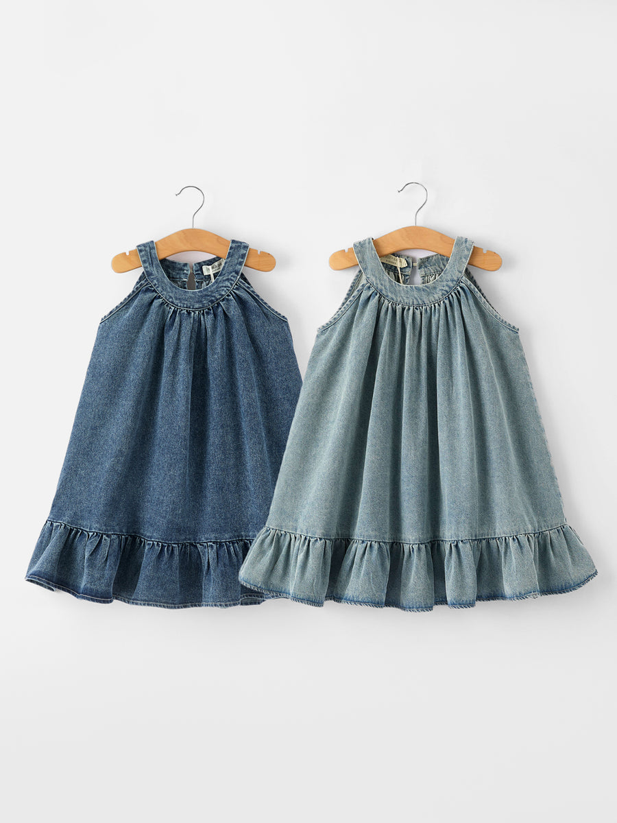 Girls Denim Ruffle Trim A-Line Dress Light Blue / 3 Girls Denim Ruffle Trim A-Line Dress Light Blue / 3
