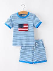 4th of July Flag Chenille Boys Set Blue Stripe Shorts