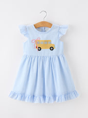 Summer Bus Applique Girls Dress Blue Stripe Ruffle