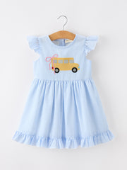 Summer Bus Applique Girls Dress Blue Stripe Ruffle