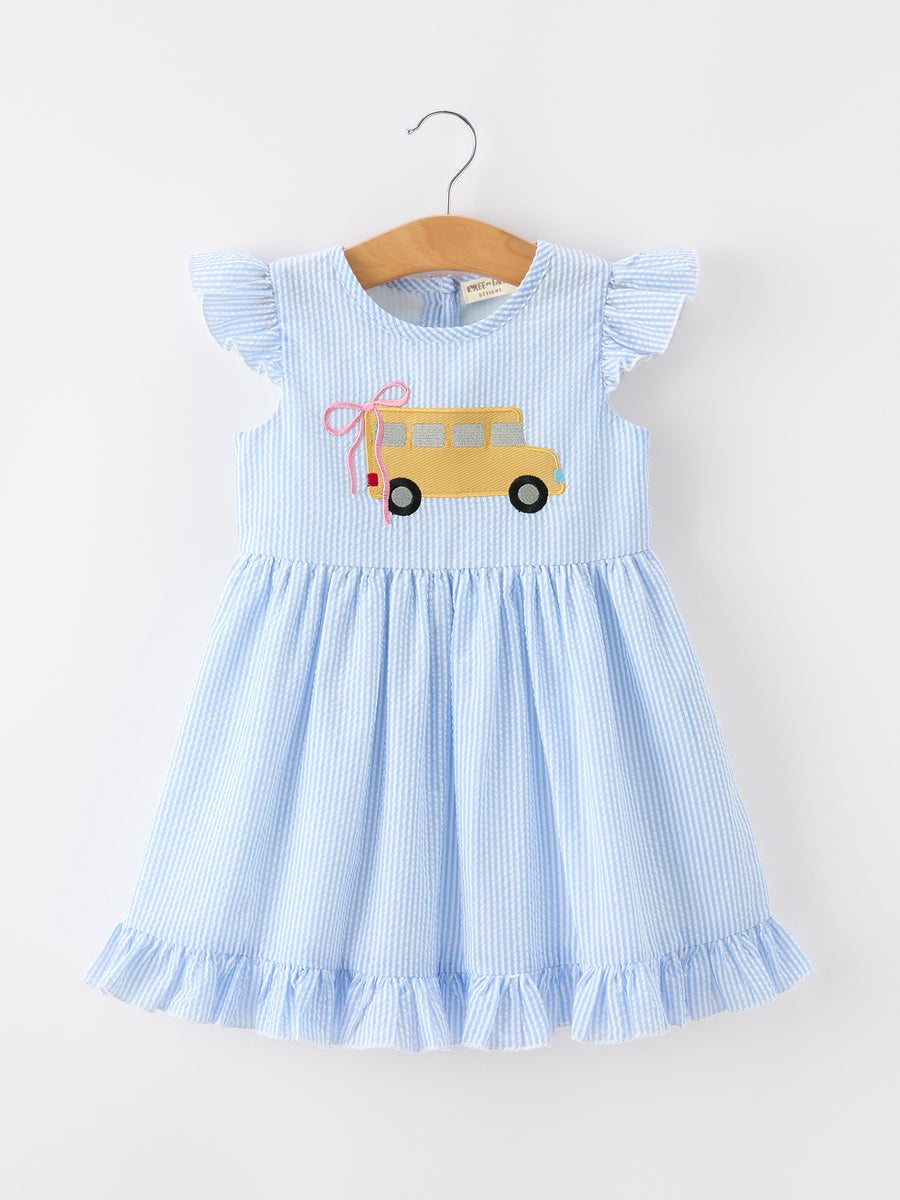 Summer Bus Applique Girls Dress Blue Stripe Ruffle