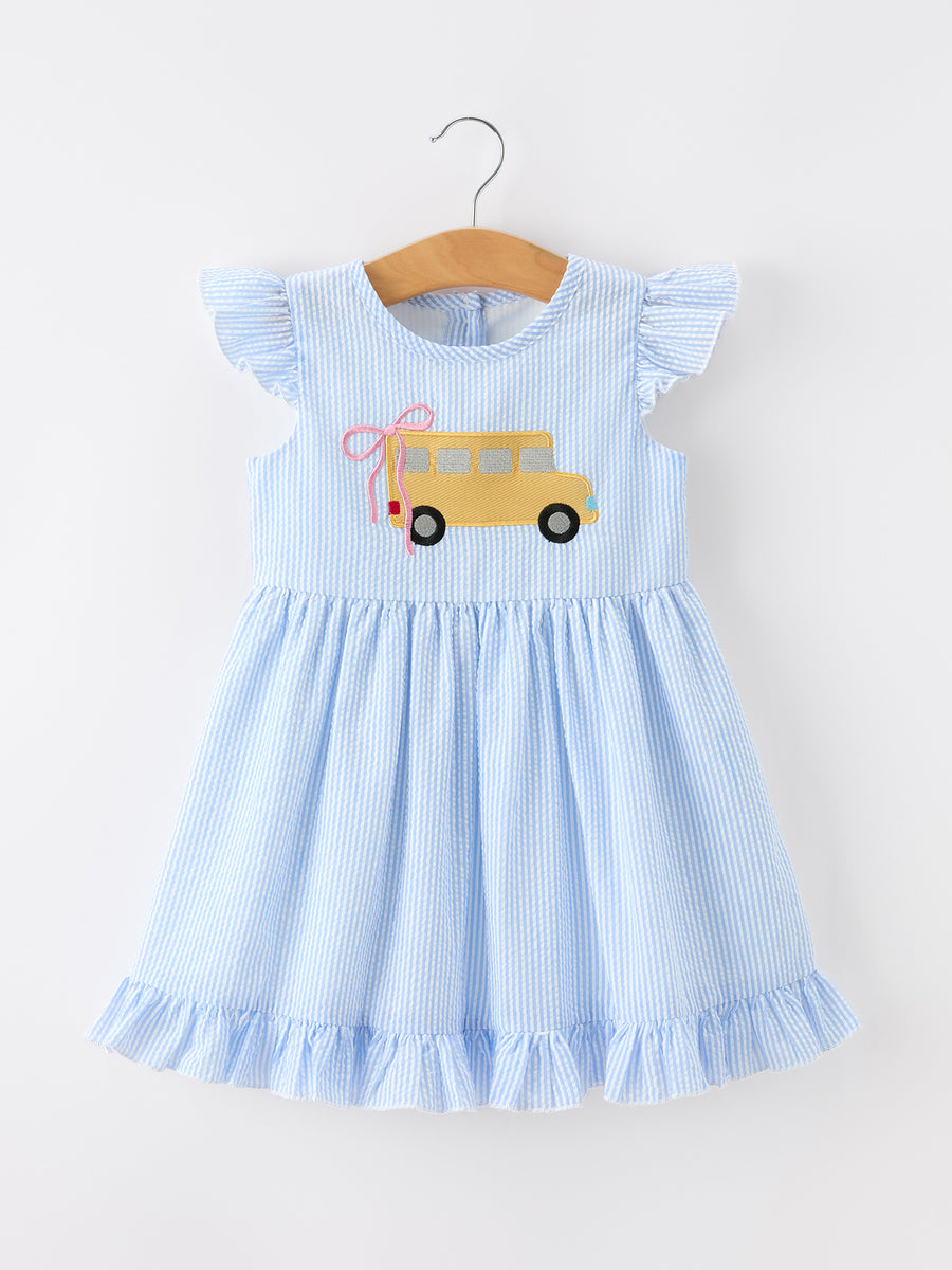 Summer Bus Applique Girls Dress Blue Stripe Ruffle