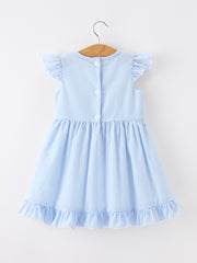 Summer Bus Applique Girls Dress Blue Stripe Ruffle
