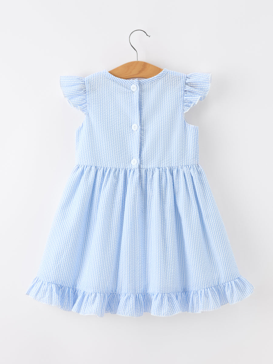 Summer Bus Applique Girls Dress Blue Stripe Ruffle