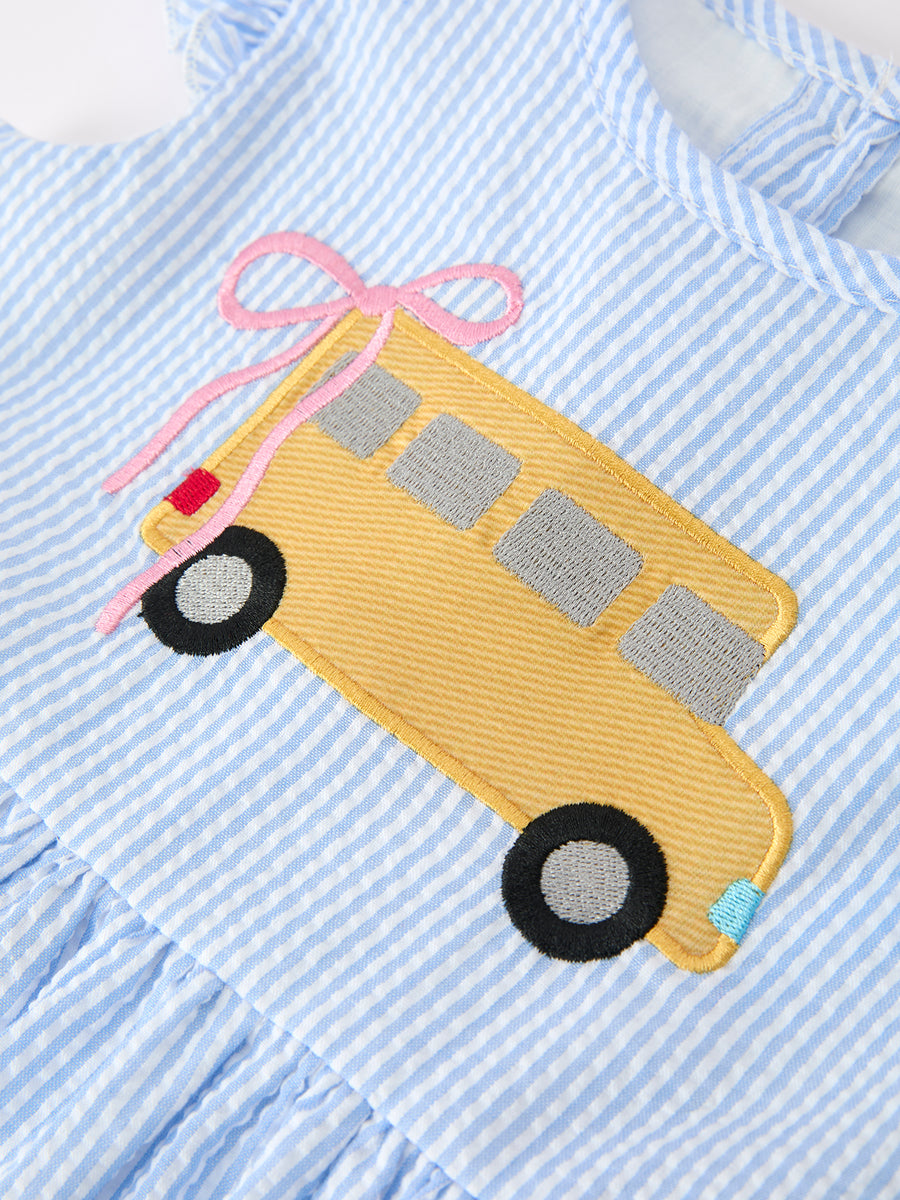 Summer Bus Applique Girls Dress Blue Stripe Ruffle