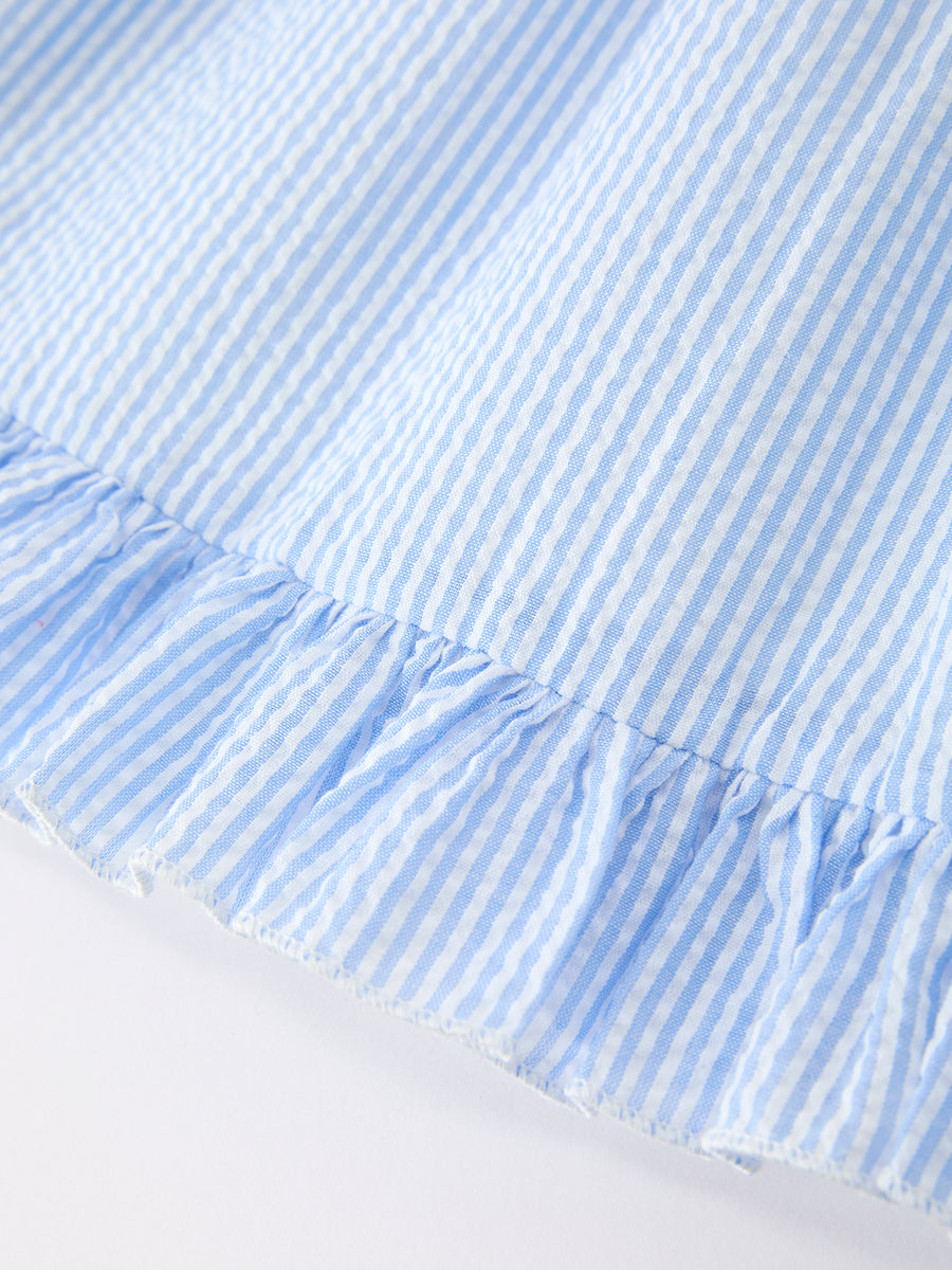 Summer Bus Applique Girls Dress Blue Stripe Ruffle