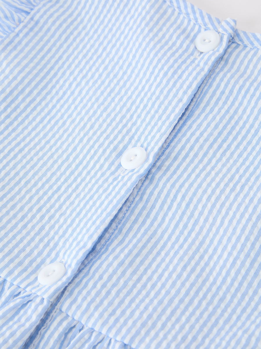 Summer Bus Applique Girls Dress Blue Stripe Ruffle