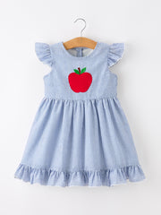 Summer Apple Applique Girls Dress Blue Stripe Ruffle