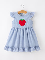 Summer Apple Applique Girls Dress Blue Stripe Ruffle
