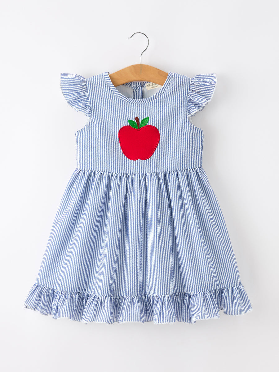 Summer Apple Applique Girls Dress Blue Stripe Ruffle