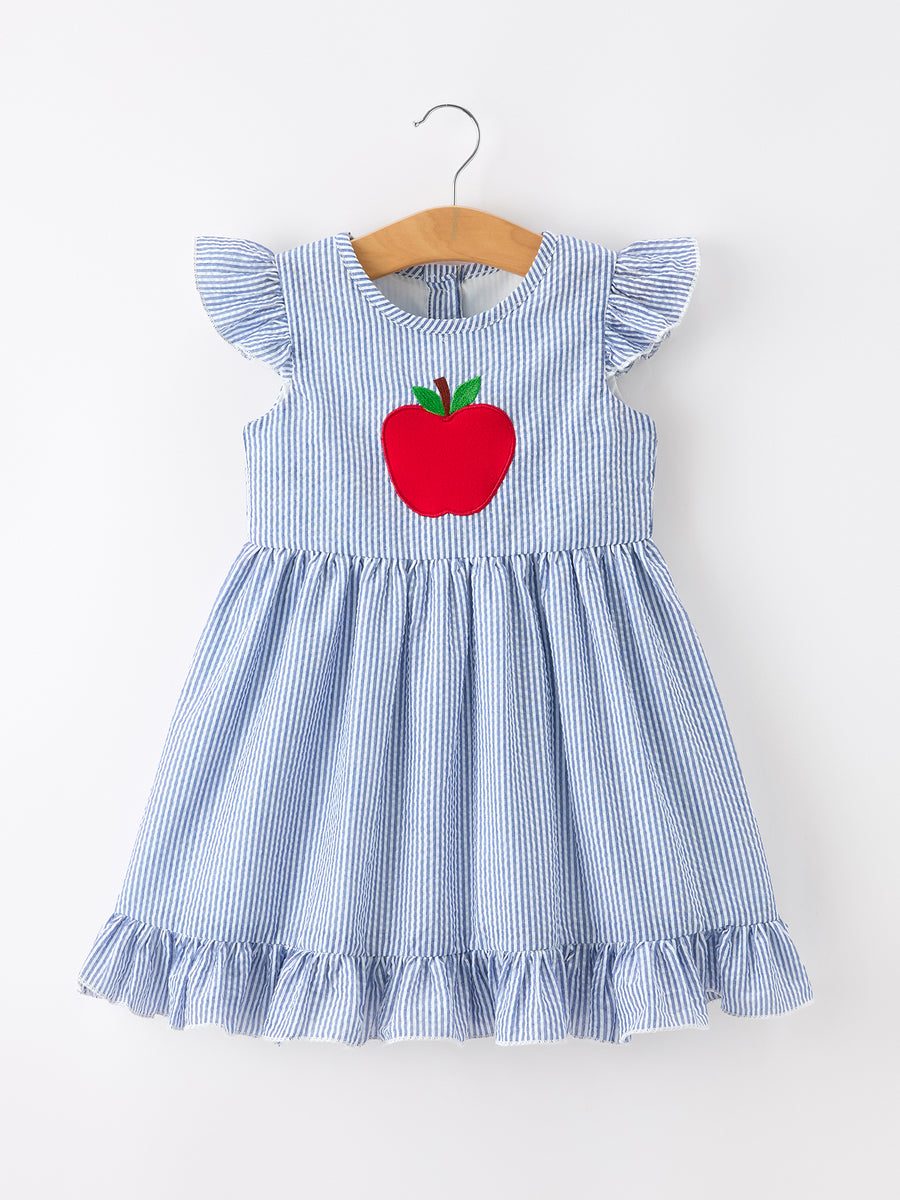 Summer Apple Applique Girls Dress Blue Stripe Ruffle