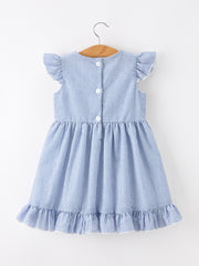 Summer Apple Applique Girls Dress Blue Stripe Ruffle
