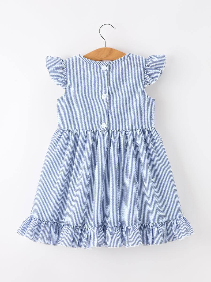 Summer Apple Applique Girls Dress Blue Stripe Ruffle