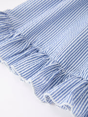 Summer Apple Applique Girls Dress Blue Stripe Ruffle