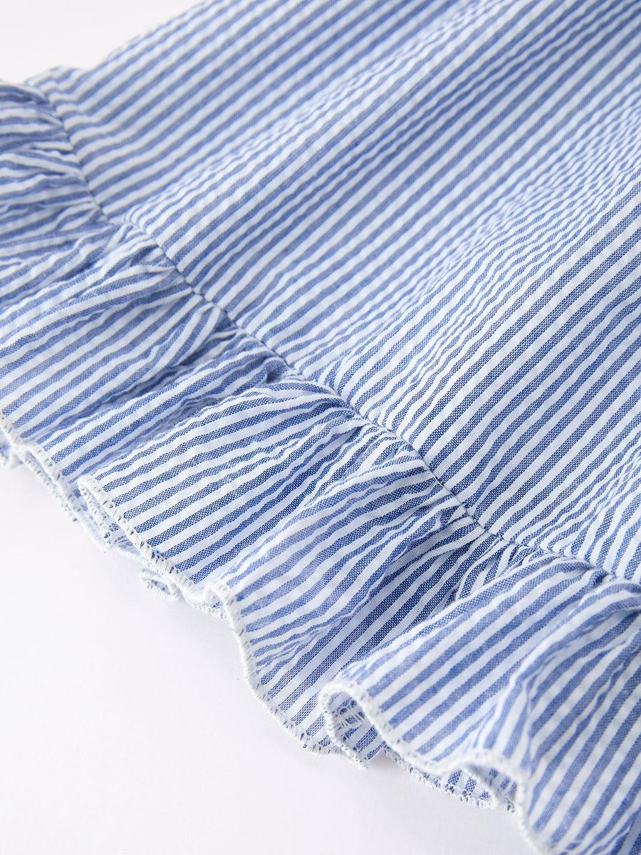 Summer Apple Applique Girls Dress Blue Stripe Ruffle