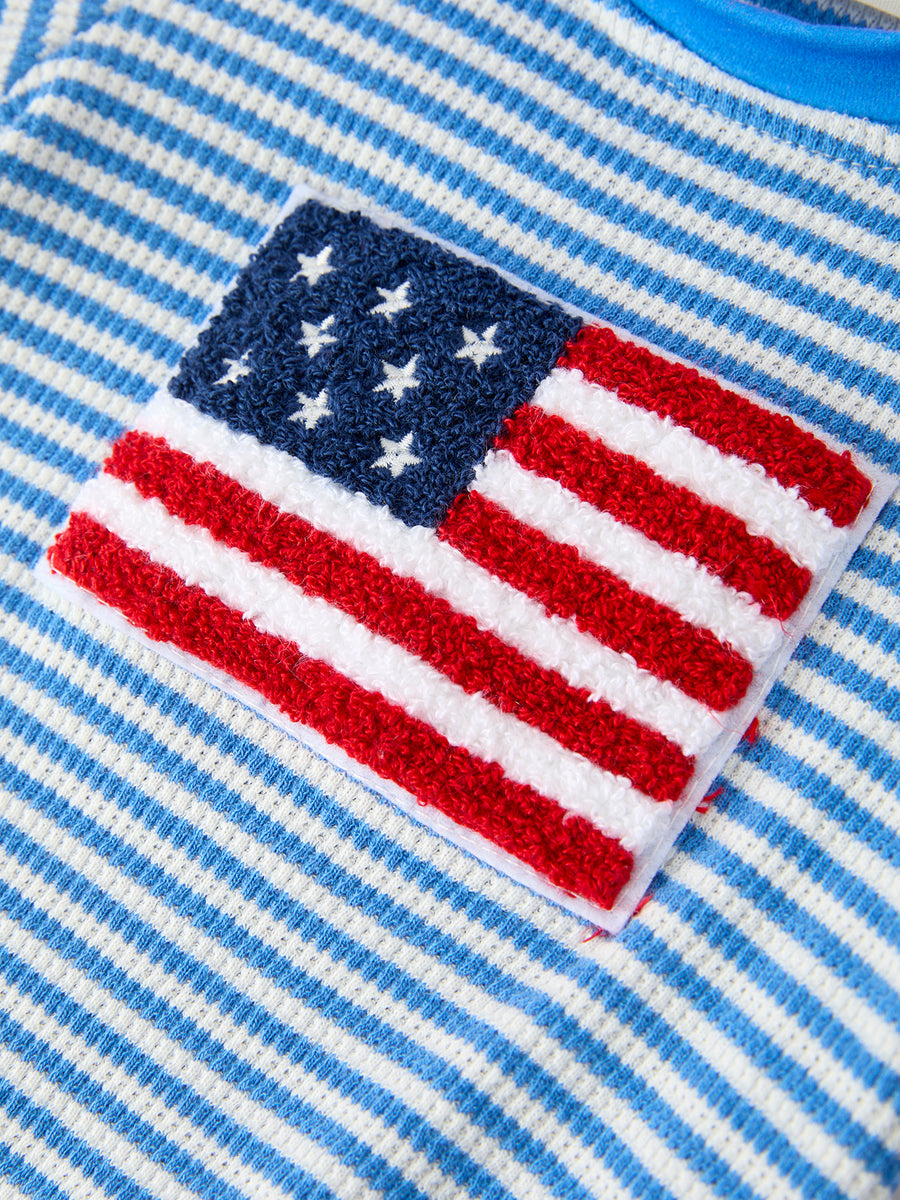 4th of July Flag Chenille Baby Boy Romper Blue Stripe