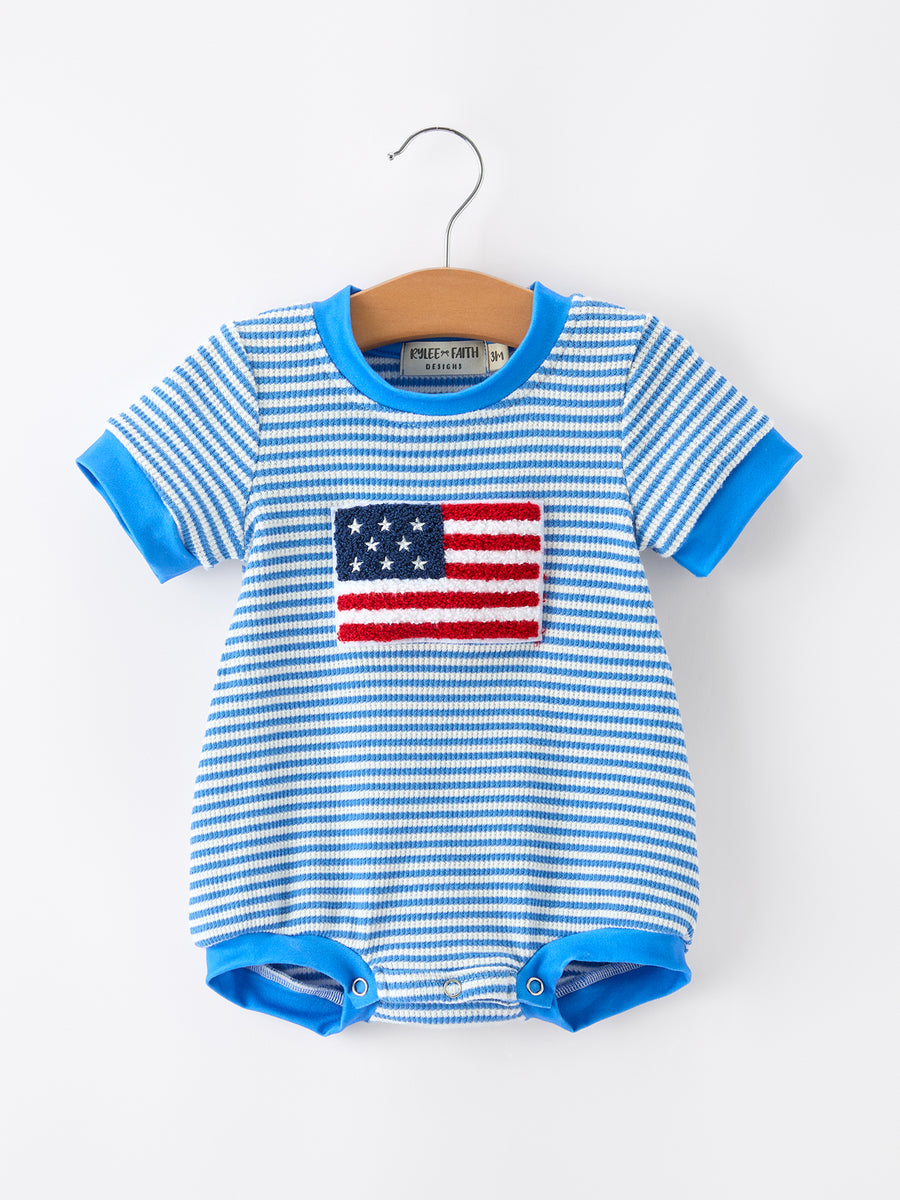 4th of July Flag Chenille Baby Boy Romper Blue Stripe