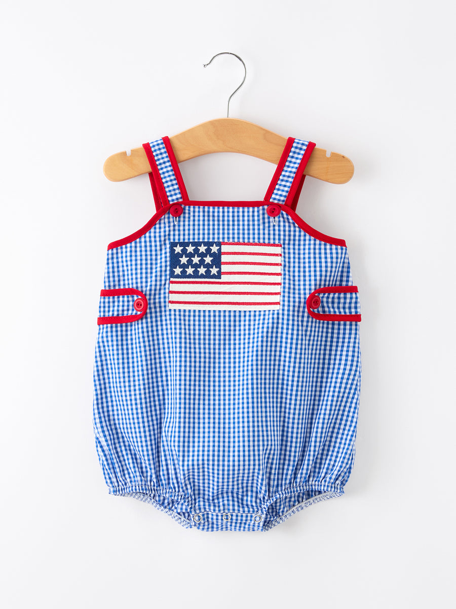 4th of July Flag Chenille Baby Girl Romper Plaid
