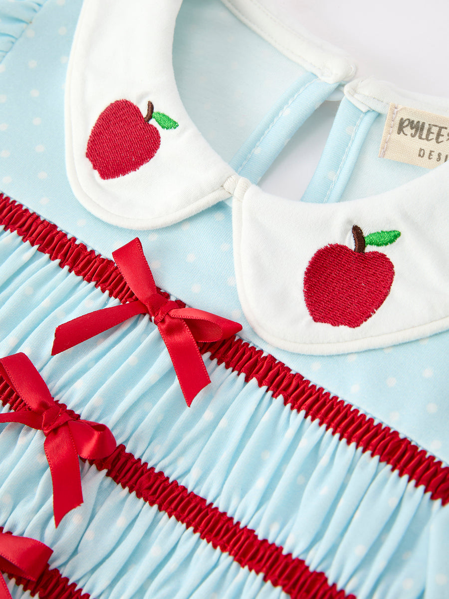 Back to School Apple Applique Girls Dress Petals Collar Bow