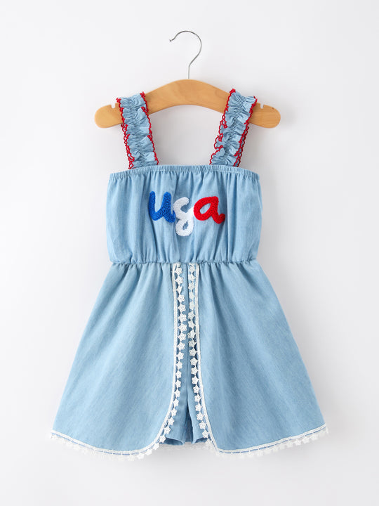 4th of July USA Chenille Girls Romper Dress Denim Lace Trim 5 4th of July USA Chenille Girls Romper Dress Denim Lace Trim 5