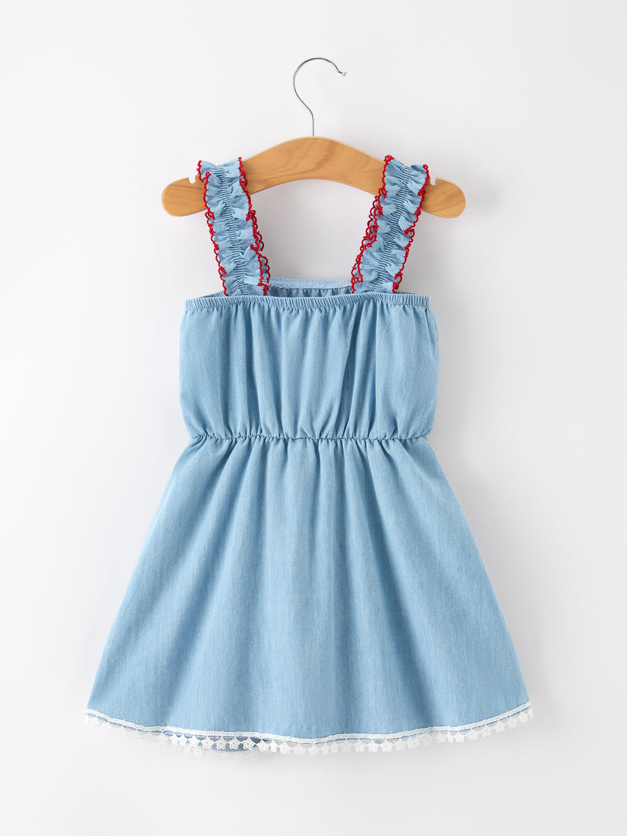 denim romper dress 4th of July USA Chenille Girls Romper Dress Denim Lace Trim 5