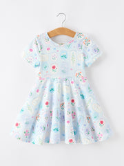 Summer Floral Botanical Girls Dress Blue Short Sleeve