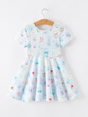 Summer Floral Botanical Girls Dress Blue Short Sleeve