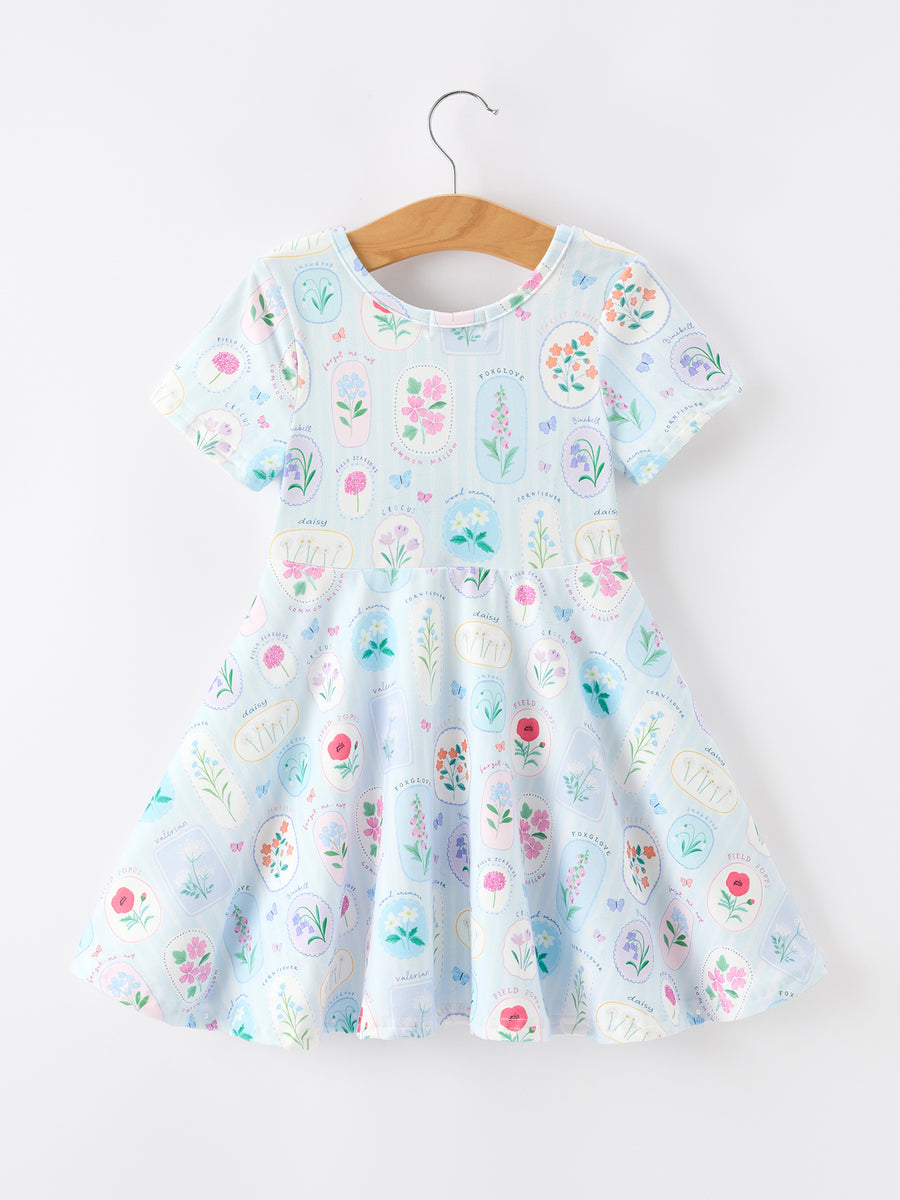 Summer Floral Botanical Girls Dress Blue Short Sleeve