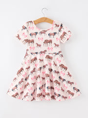 Girls Western Horse Print Twirl Dress Short Sleeve