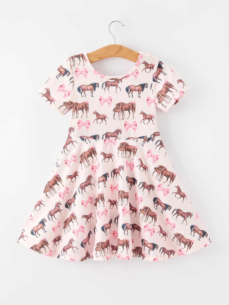 Girls Western Horse Print Twirl Dress Short Sleeve