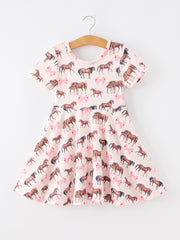Girls Western Horse Print Twirl Dress Short Sleeve