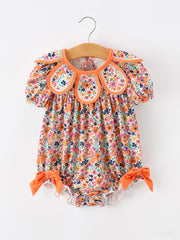 Orange Floral Bow Petals Collar Girls Romper