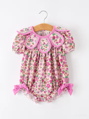 Pink Floral Bow Petals Collar Girls Romper