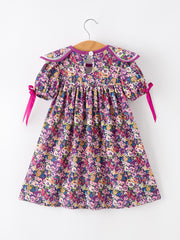 Purple Floral Bow Petals Collar Girls Dress