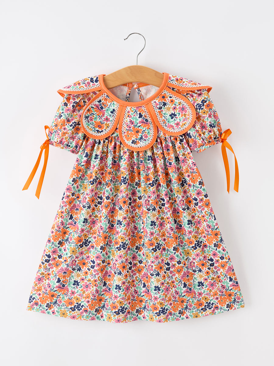 Orange Floral Bow Petals Collar Girls Dress