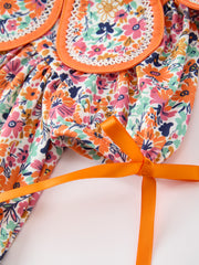 Orange Floral Bow Petals Collar Girls Dress