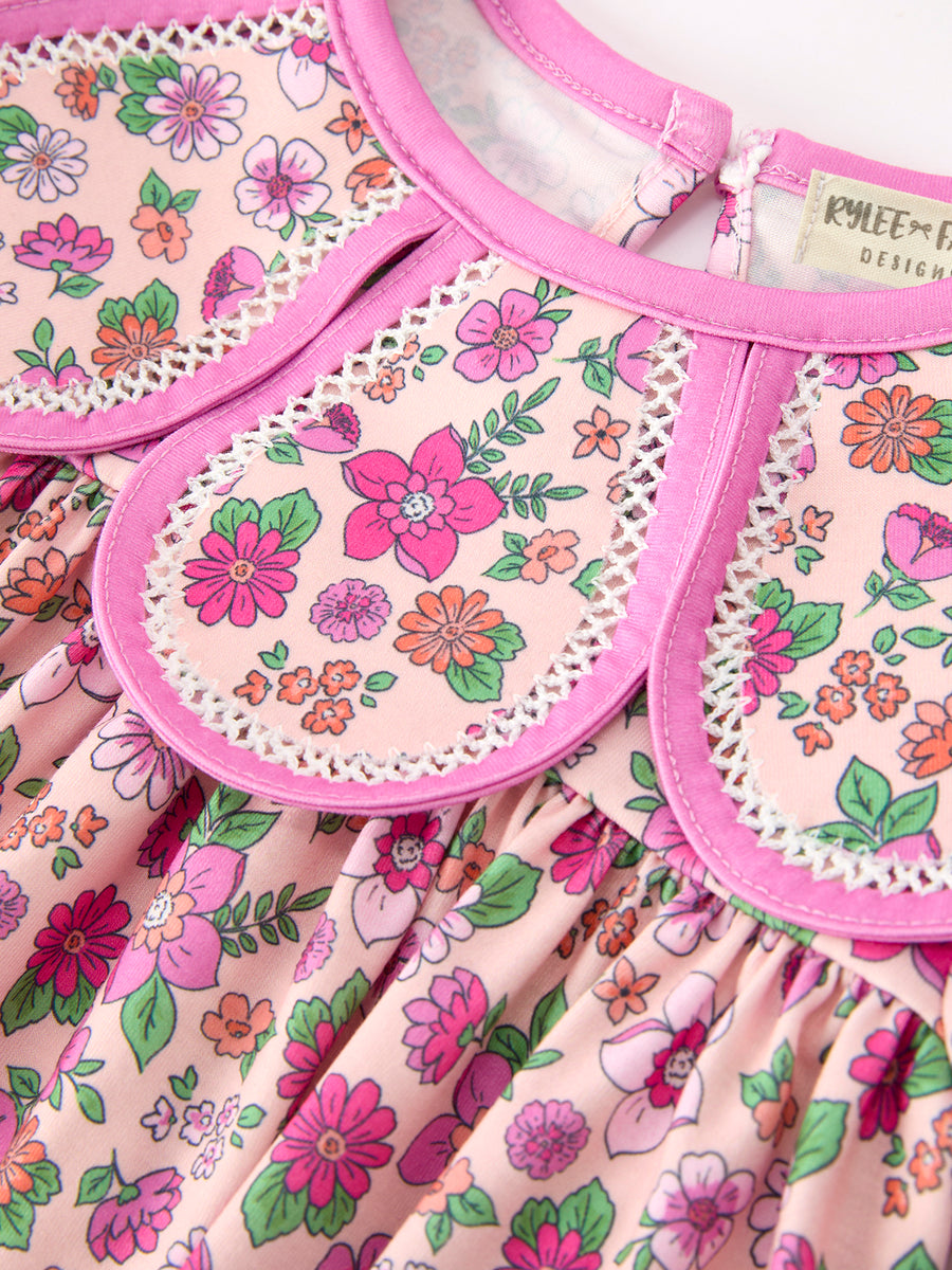 Pink Floral Bow Petals Collar Girls Dress