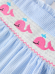 Whale Embroidered Smocked Seersucker Girls Dress Bow