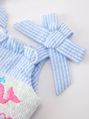 Whale Embroidered Smocked Seersucker Baby Girl Romper Bow