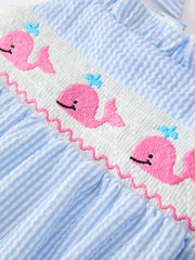 Whale Embroidered Smocked Seersucker Baby Girl Romper Bow