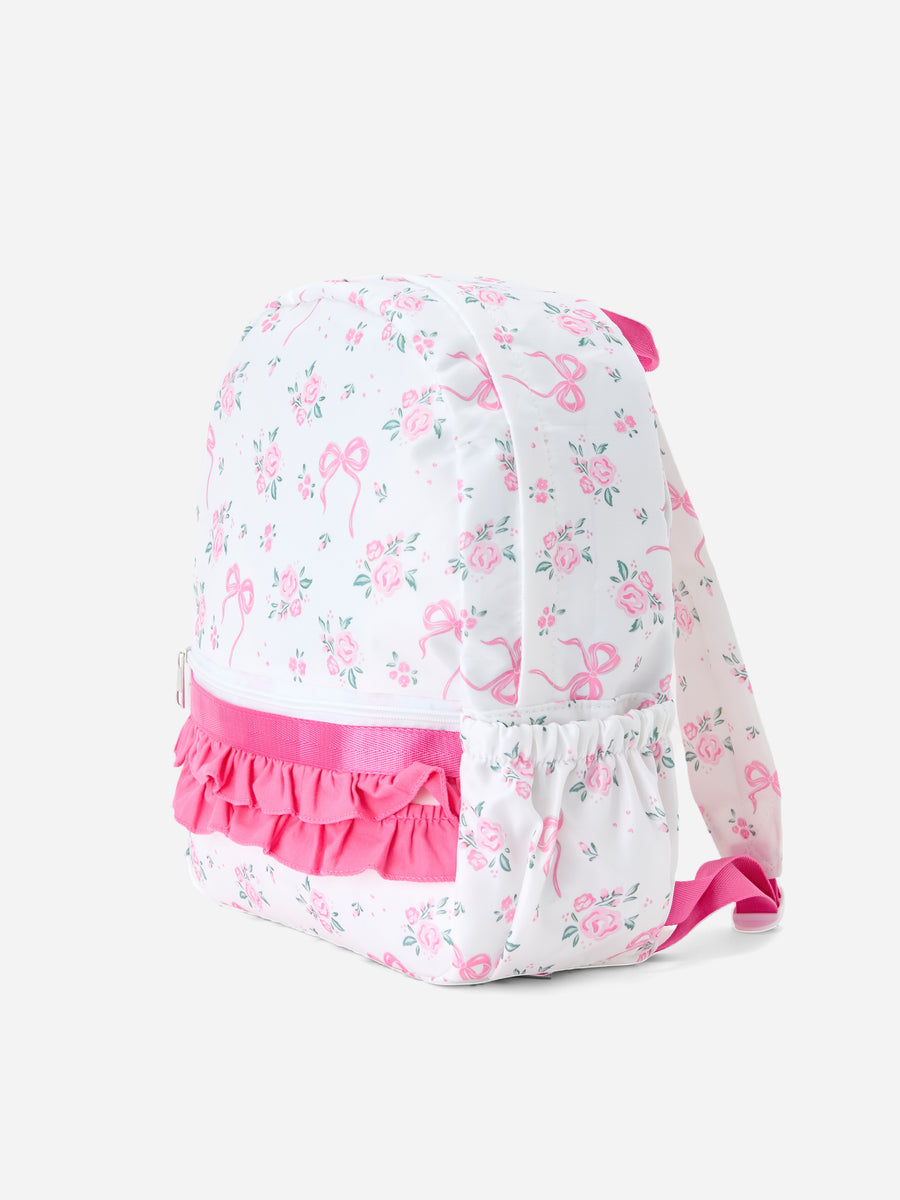 Floral Bow Print Girls Backpack Ruffle Bag