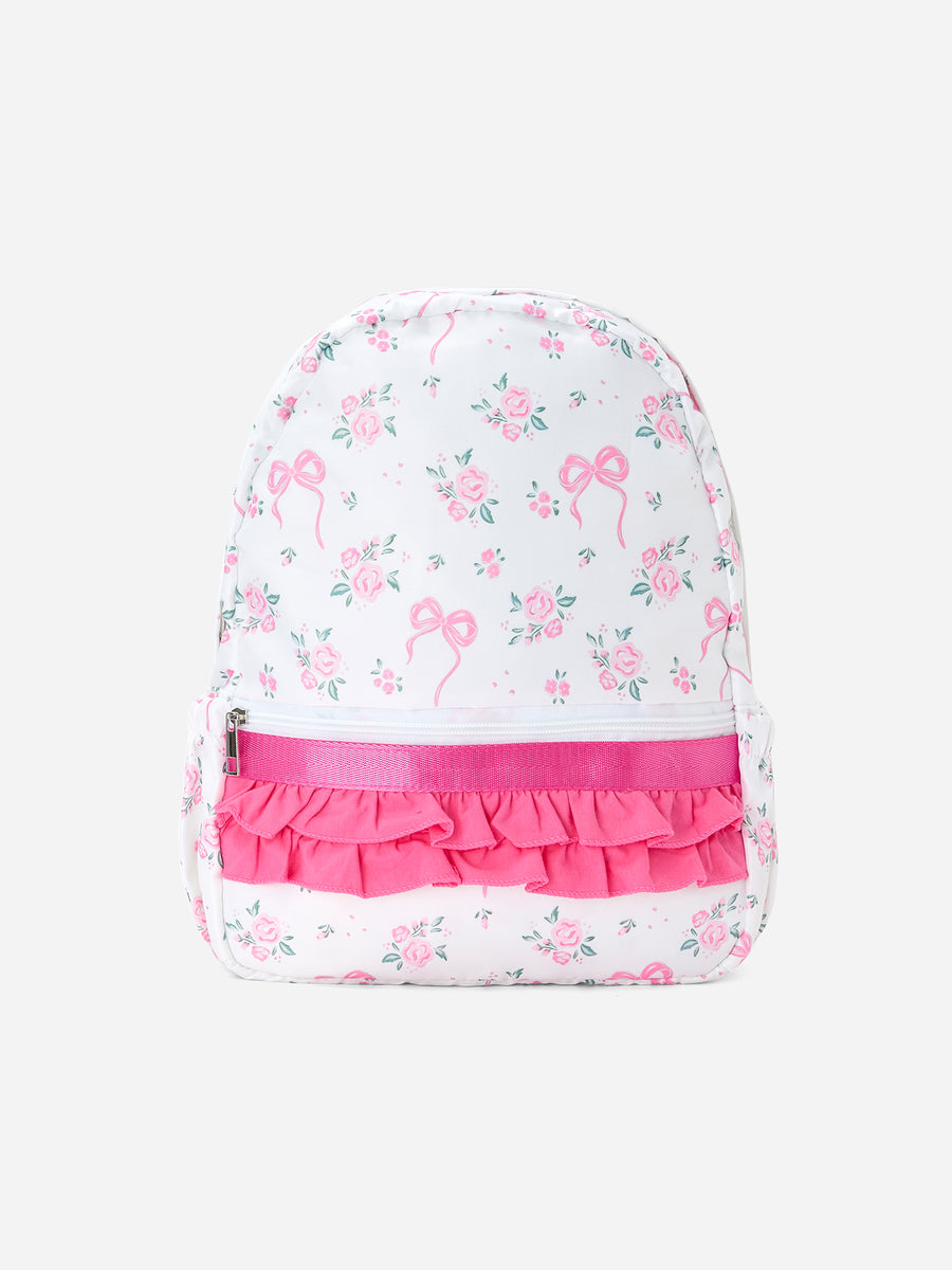 Floral Bow Print Girls Backpack Ruffle Bag