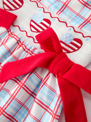 4th of July Plaid Bow Girls Set Smocked Puff Sleeve Top Bloomer