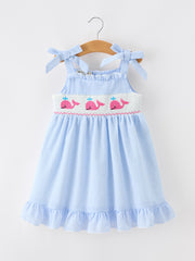Whale Embroidered Smocked Seersucker Girls Dress Bow