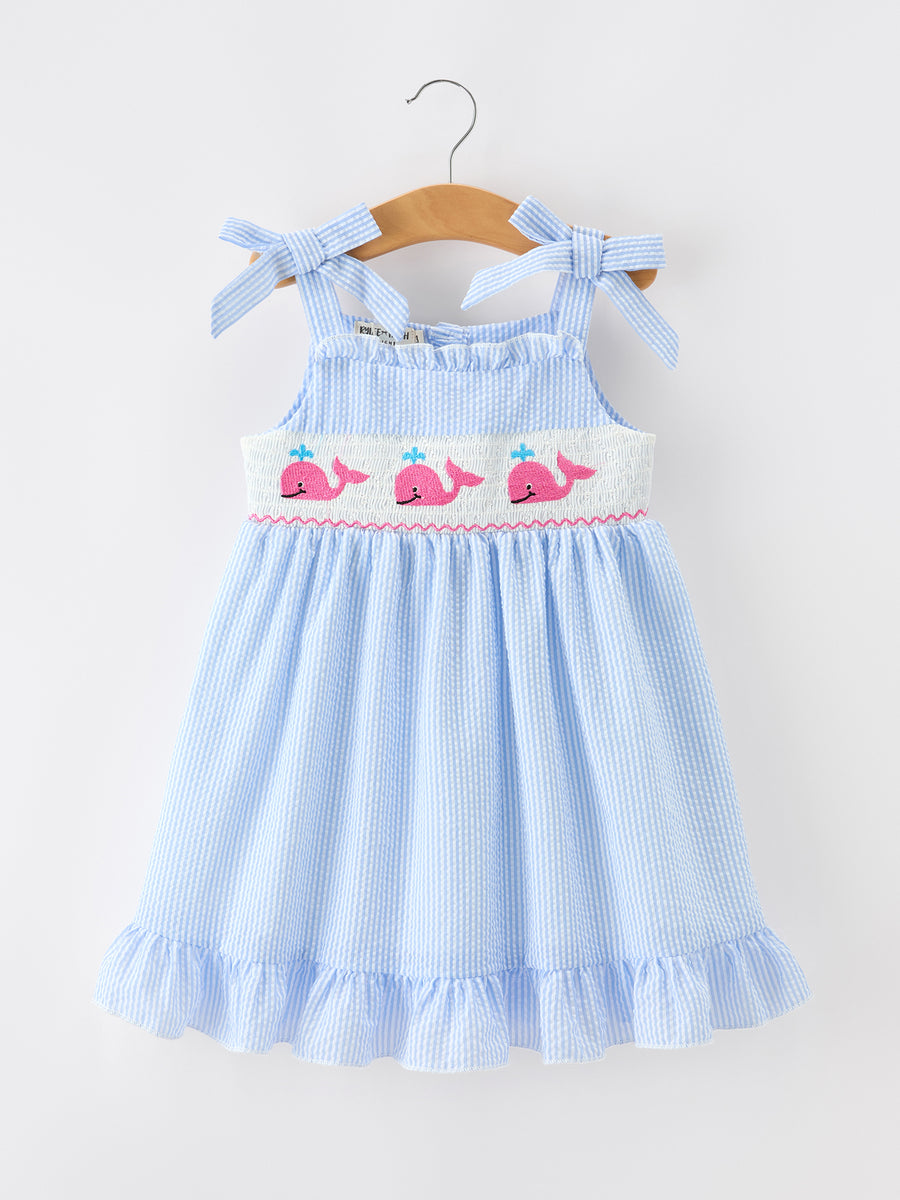Whale Embroidered Smocked Seersucker Girls Dress Bow