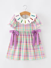 Back To School Plaid Crayon Embroidery Girls Dress Bow Puff Sleeve