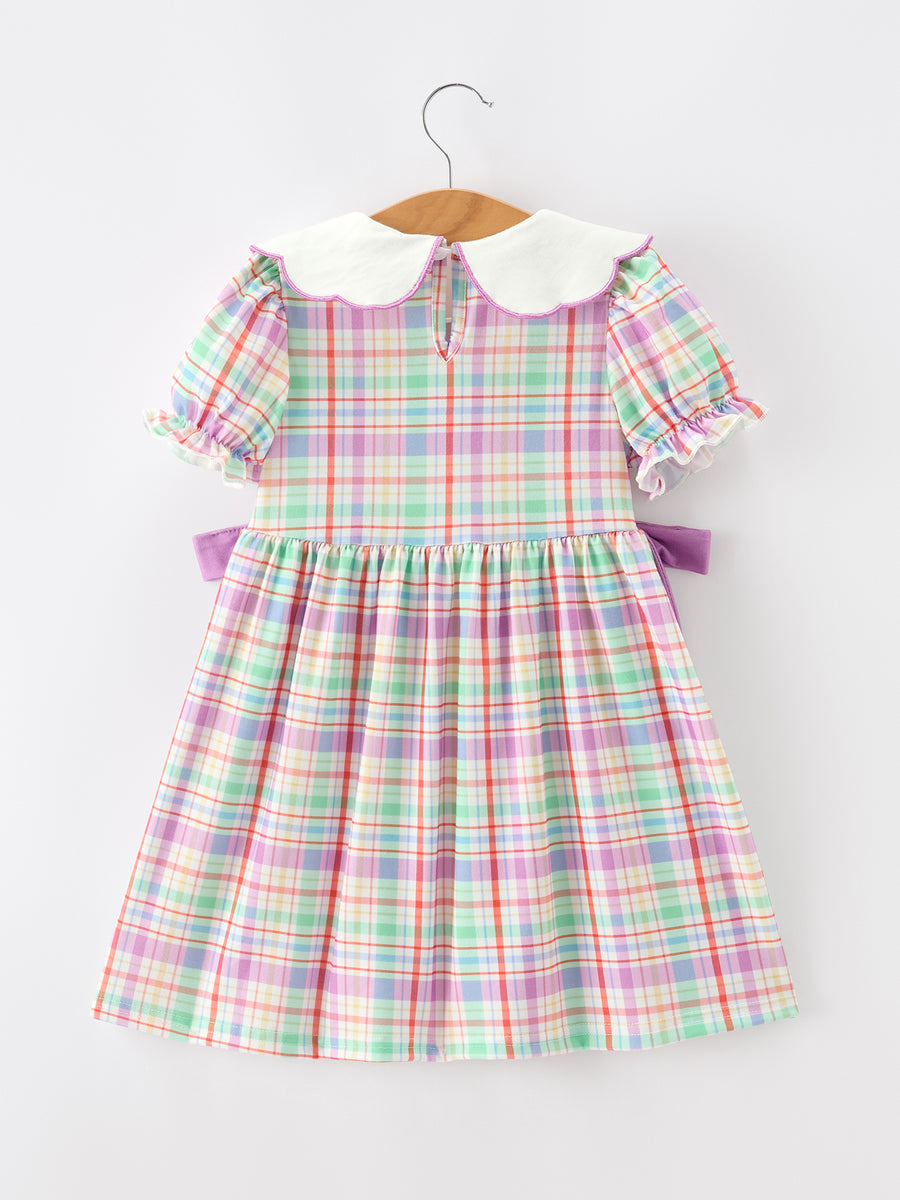 Back To School Plaid Crayon Embroidery Girls Dress Bow Puff Sleeve