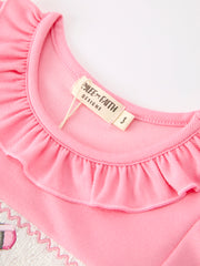 Back To School Embroidery Girls Dress Bow Ruffle Puff Sleeve